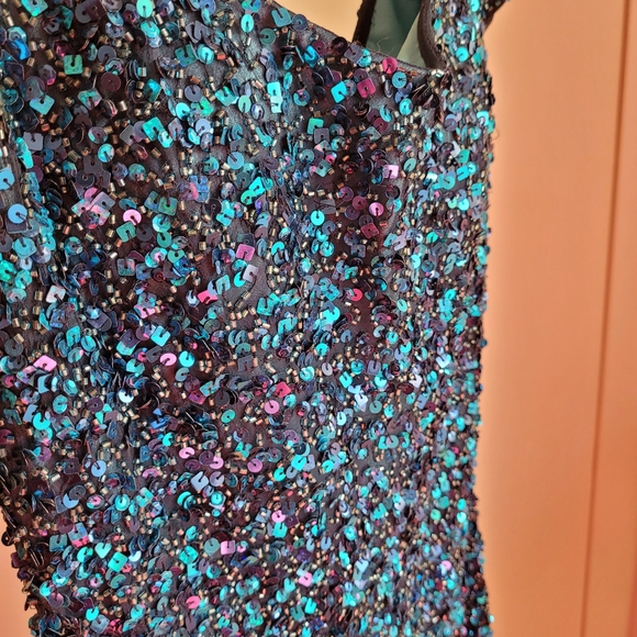 Vintage Scala Blue Sequin 100% Silk Evening Cocktail Dress - Xs - Picture 4 of 9